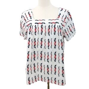 Embroidered Cotton‎ Cottagecore Blouse White Red Navy Square Neck PL